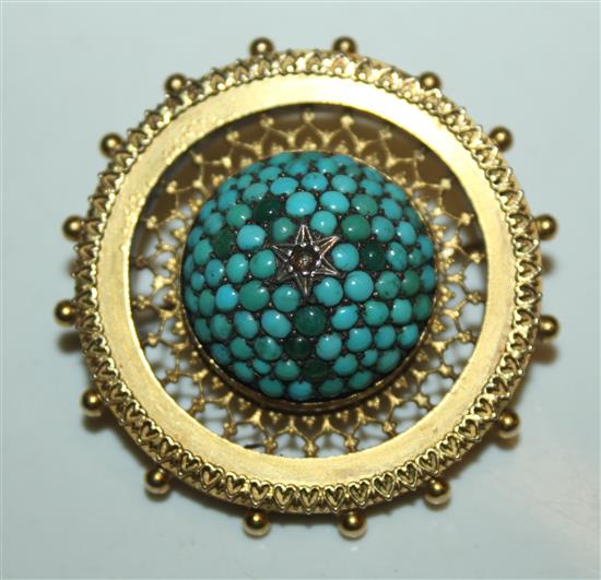 Circular 19thC turquoise, diamond & gold brooch & a gold plated chain